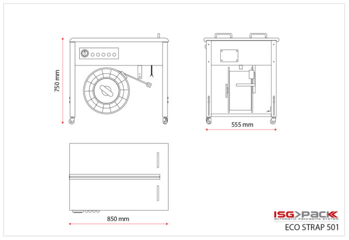 Rysunek techniczny Półautomatycznej bandownicy stołowej Eco Strap 501 z widokiem z przodu, z boku i z góry; wymiary: 750 mm wysokości, 850 mm szerokości i 555 mm głębokości.