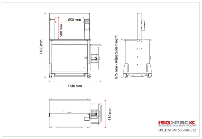 Rysunek techniczny Bandownicy ramowej wiązarka PP Speed Strap 505/509/512 przedstawia oznaczone wymiary: 1460 mm wysokości, 1240 mm szerokości, 630 mm głębokości, część regulowana od 875 mm. Widok z przodu, z boku i z góry. Logo ISG PACK w prawym dolnym rogu.