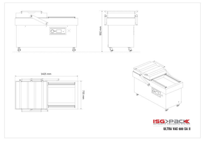 Rysunek techniczny Komorowej pakowarki próżniowej Ultra Vac 600 SA II, z oznaczonymi widokami z przodu, z boku i z góry, wraz z wymiarami w kolorze czarnym i czerwonym na białym tle.