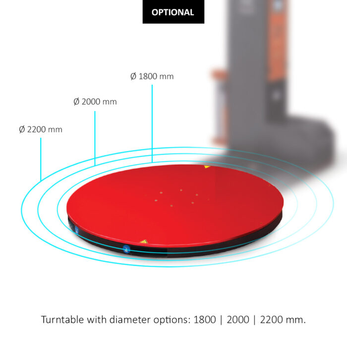 Czerwona platforma stołu obrotowego ma trzy niebieskie koncentryczne okręgi wskazujące opcje średnicy: 1800 mm, 2000 mm i 2200 mm dla automatycznej owijarki palet Ultra Wrap 2000 BF.