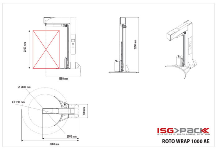 Rysunek techniczny Owijarki ramieniowej palet Roto Wrap 1000 AE, z widokiem z przodu, z boku i z góry, przedstawiający oznaczone wymiary i specyfikacje. Logo ISG PACK znajduje się w prawym dolnym rogu.