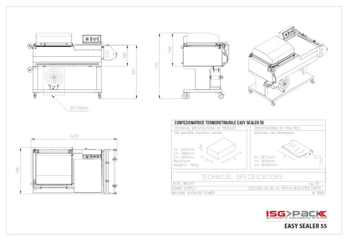 Rysunek techniczny Zgrzewarki kloszowej do folii Easy Sealer 55 A z widokiem z przodu, z boku i z góry, wymiarami milimetrowymi, tabelą specyfikacji technicznych i logo ISG PACK w prawym dolnym rogu.