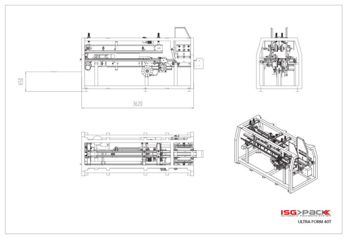 Rysunek techniczny automatycznej maszyny pakującej Ultra Former 40 T, przedstawiający widok boczny, przedni i izometryczny z dokładnymi wymiarami. Logo ISG PACK i nazwa produktu znajdują się w prawym dolnym rogu.