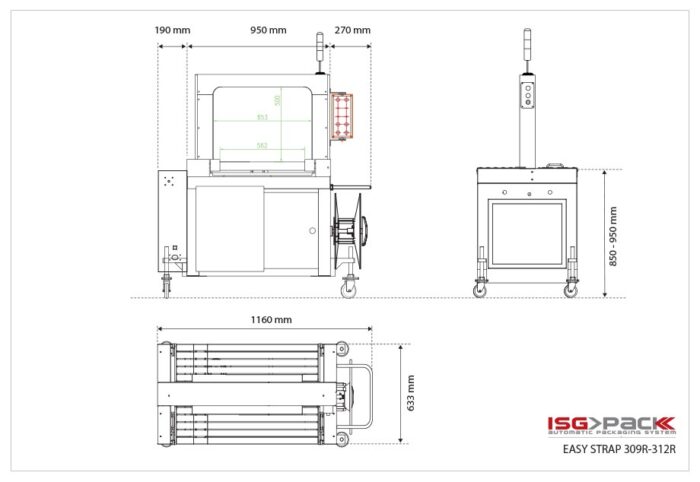Rysunek techniczny Bandownicy ramowej wiązarka PP Easy Strap 309R/312R, przedstawiający widok z przodu, z boku i z góry ze szczegółowymi wymiarami oznaczonymi etykietami. Maszyna jest wyposażona w koła i panel sterowania.