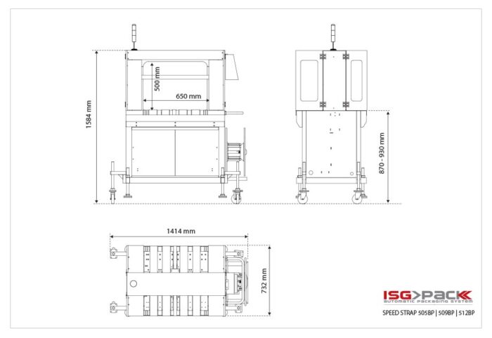 Rysunek techniczny Bandownicy ramowej wiążącej PP Speed Strap 505BP/509BP/512BP pokazujący widok z przodu, z boku i z góry z oznaczonymi wymiarami; maszyna na kółkach z panelem sterowania i obszarem wiązania. Logo ISG PACK w prawym dolnym rogu.
