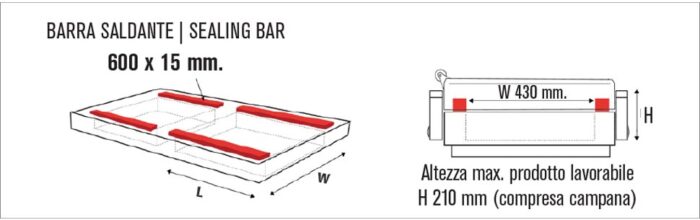 Schemat widoku z boku komorowej pakowarki próżniowej Ultra Vac 600 SA z listwą zgrzewającą 600 x 15 mm, maksymalną wysokością produktu (łącznie z komorą) 210 mm i szerokością 430 mm.