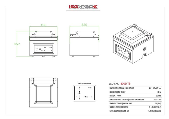 Rysunek techniczny Komorowej pakowarki próżniowej Eco Vac 420V TB, zawierający widok z przodu, z boku i z góry wraz z wymiarami i funkcjami; specyfikacje produktu są wyświetlane po prawej stronie.