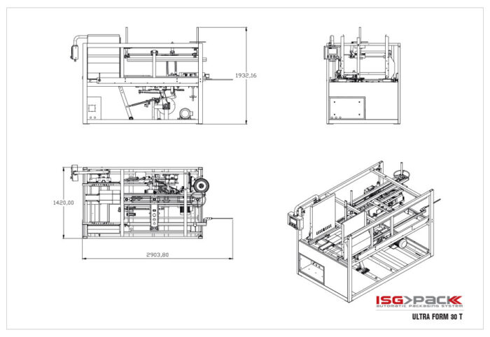 Rysunek techniczny automatycznej formierki Ultra Former 30 T, przedstawiający cztery oznaczone widoki - z boku, z przodu i pod kątem - wraz z wymiarami. Logo ISG PACK i nazwa produktu znajdują się w prawym dolnym rogu.