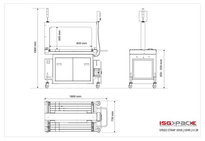 Rysunek techniczny Bandownicy ramowej wiązarka PP Speed Strap 505R/509R/512R, pokazujący widok z przodu, z boku i z góry z oznaczonymi wymiarami. Maszyna posiada koła, zaznaczony łuk i panel sterowania.
