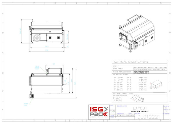 Rysunek techniczny automatycznej zgrzewarki kątowej Ultra Sealer 50 HSS, przedstawiający widok z przodu, z boku i z góry wraz z wymiarami i tabelą specyfikacji. Logo ISG PACK znajduje się w prawym dolnym rogu.