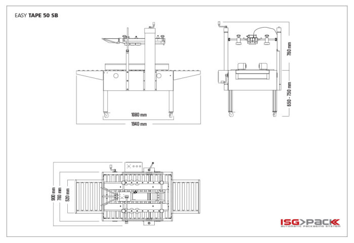 Rysunek techniczny półautomatycznej zaklejarki Easy Tape 50 SB SS, przedstawiający widok z boku, z przodu i z góry z zaznaczonymi wymiarami. Logo ISG PACK jest wyświetlane w prawym dolnym rogu.