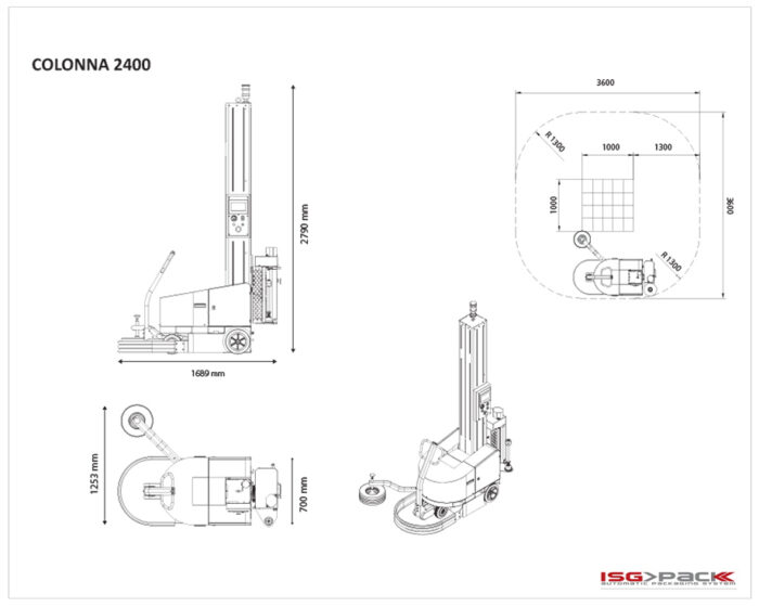 Rysunek techniczny robota do owijania palet Robo Wrap 600 B, przedstawiający widok z przodu, z boku i z góry wraz ze szczegółowymi wymiarami w milimetrach oraz schemat rozmieszczenia palet.