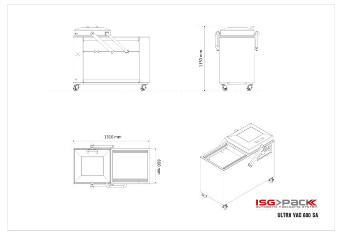 Rysunek techniczny prostokątnej komorowej pakowarki próżniowej Ultra Vac 600 SA na kółkach, pokazany z góry, z przodu i z boku pod kątem z oznaczonymi wymiarami. Logo ISG PACK i ULTRA VAC 600 SA znajdują się w prawym dolnym rogu.