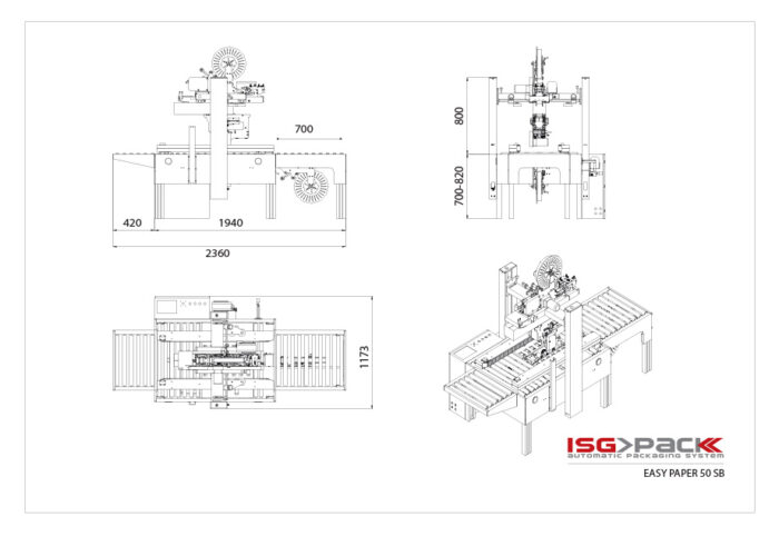 Rysunek techniczny Półautomatycznej zaklejarki Easy Paper 50 SB, zawierający widok z góry, z przodu i izometryczny ze szczegółowymi wymiarami. Logo ISG PACK i nazwa produktu są wyświetlane w prawym dolnym rogu.