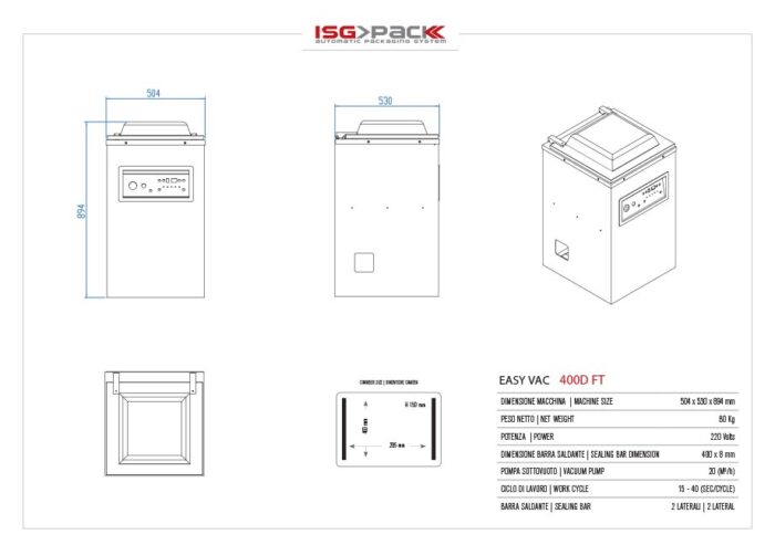 Rysunek techniczny Przemysłowej pakowarki próżniowej Easy Vac 400D FT, przedstawiający widok z przodu, z boku, z góry i izometryczny z wymiarami, danymi technicznymi i logo firmy u góry.