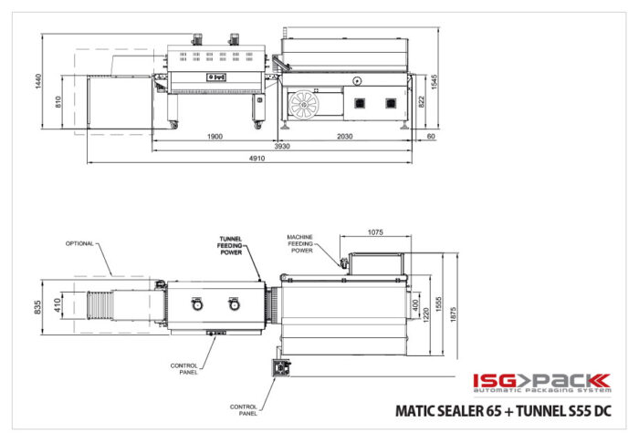 Rysunek techniczny Automatycznej zgrzewarki kątowej do folii Matic Sealer 65 E z tunelem S55 DC, pokazujący widoki z boku/góry z wymiarami, panelami sterowania, oznaczonymi punktami zasilania i logo ISG PACK w prawym dolnym rogu.