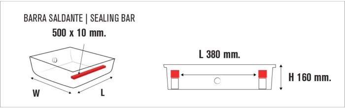 Schemat przedstawia czerwoną listwę uszczelniającą oznaczoną "Barra Saldante | Sealing Bar (500 x 10 mm)" na tacy (widok z boku: dł. 380 mm, wys. 160 mm). Idealna do użytku z Przemysłową pakowarką próżniową Easy Vac 500D FT.