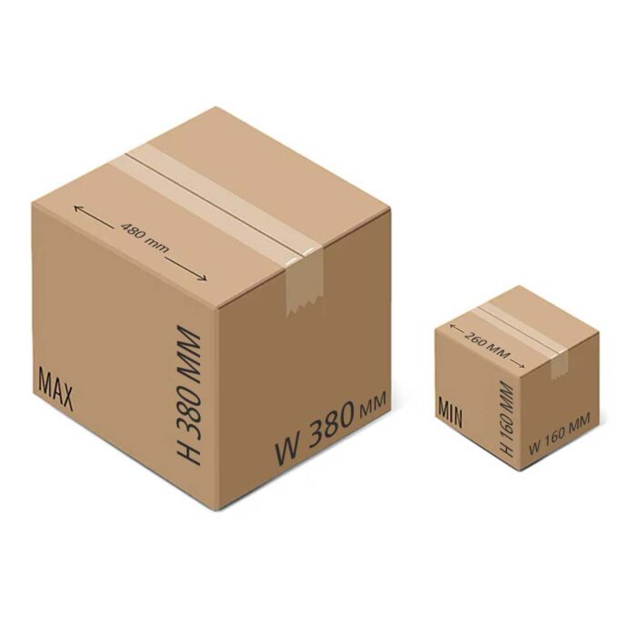 Dwa kartonowe pudełka, 380x380x480 mm i 160x160x160 mm, są wyświetlane obok siebie, aby porównać rozmiary - idealne do użytku z Automatyczną Formierką Robo Former 50 SB. Każde pudełko jest wyraźnie oznaczone swoimi wymiarami.