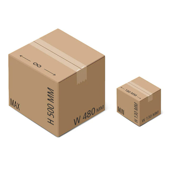 Dwa brązowe kartonowe pudełka, MAX (500x480 mm) i MIN (130x130 mm), znajdują się obok siebie - oba są idealne do użytku z półautomatyczną zaklejarką Easy Paper 50 SB.