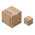 Przedstawiono dwa kartonowe pudełka - idealne do użytku z Automatyczną zaklejarką Auto Tape 50 CF SS: większe ma 600 mm szerokości i 500 mm wysokości; mniejsze ma 200 mm wysokości i 150 mm szerokości.