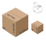 Przedstawiono dwa brązowe kartony: jeden duży (600×500×480 mm) i jeden mały (200×150×120 mm). Wstawka pokazuje rękę zaklejającą pudełko - idealne do użycia z Automatyczną zaklejarką Auto Tape 50 HM.