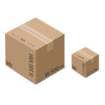 Dwa starannie zapieczętowane kartonowe pudełka - prawdopodobnie firmy Półautomatyczna zaklejarka Eco Tape 50 SB SS - stoją obok siebie. Większe jest oznaczone MAX H 500 MM W 500 MM; mniejsze, MIN H 100 MM W 120 MM.