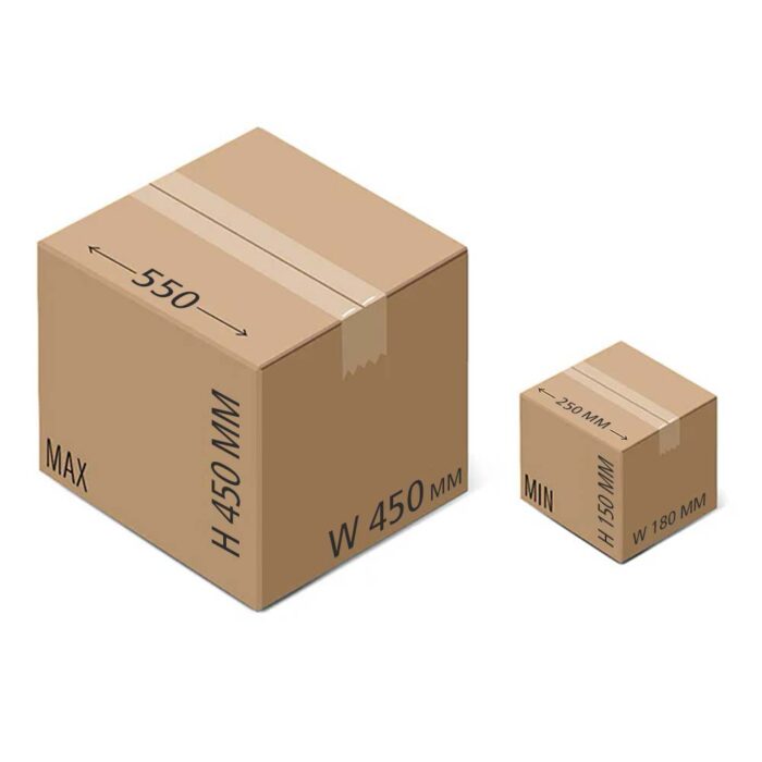 Kartony MAX (550x450x450mm) i MIN (250x180x180mm) są idealne do użytku z Automatyczną zaklejarką Matic Tape 50 CF HM.