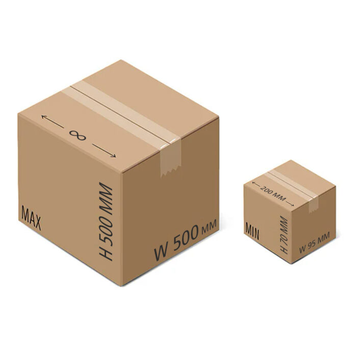 Dwa brązowe kartonowe pudełka - jedno z napisem "MAX H 500 MM W 500 MM", drugie "MIN H 200 MM W 95 MM" - są zaklejone taśmą, idealne do użycia z półautomatyczną zaklejarką Mini Tape 50 SB.