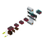 Schemat przedstawiający cylindryczne baterie pogrupowane w pakiety poruszające się wzdłuż linii produkcyjnej z Automatyczną zgrzewarką do zgrzewek FA802ALV-600R, gdy są one owijane arkuszem z dużych rolek, tworząc moduły baterii. Strzałki A i B wskazują kierunek ruchu.