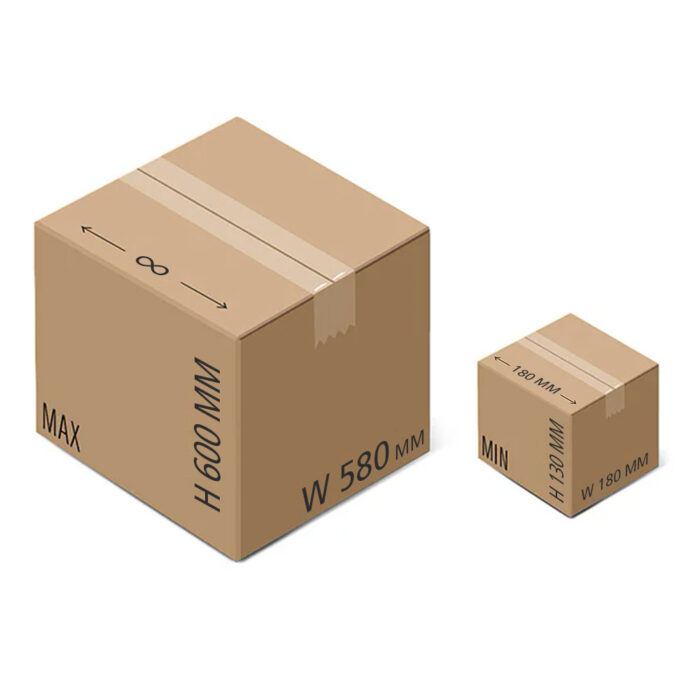 Dwa zapieczętowane kartonowe pudełka, zaklejone taśmą półautomatyczną Random Tape 50 TBB, są pokazane obok siebie. Większe pudełko ma oznaczenie MAX H 600 MM W 580 MM, a mniejsze MIN H 180 MM W 180 MM.