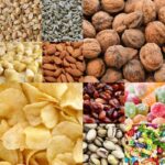 Kolaż przedstawia różnorodne przekąski i orzechy - takie jak sezam, nasiona słonecznika, orzechy włoskie, migdały, orzechy nerkowca, chipsy, rodzynki, galaretki, pistacje i cukierki - fachowo dobrane przez Naważarkę liniową LV-2 do produktów sypkich.