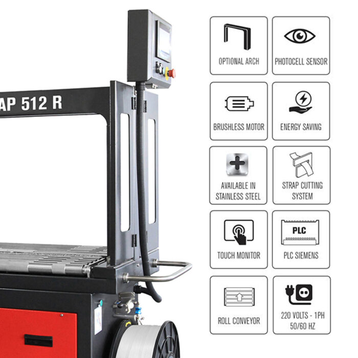 Czarna Bandownica ramowa wiązarka PP Speed Strap 505R/509R/512R z cyfrowym panelem sterowania jest pokazana obok ikon silnika bezszczotkowego, oszczędzania energii, stali nierdzewnej, cięcia taśmy, monitora dotykowego, PLC Siemens i innych.