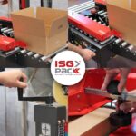Kolaż przedstawia kartonowe pudełko na przenośniku, ręce regulujące Półautomatyczną zaklejarkę Eco Tape 50 SB oraz dłoń obracającą czarną rączkę z logo ISG Pack pośrodku.