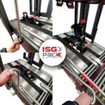 Trzy zbliżenia pokazują osobę regulującą metalowe uchwyty na Półautomatycznej zaklejarce Random Tape 50 TBB, z pasami, rolkami, etykietami bezpieczeństwa i logo ISG Pack wyśrodkowanym na automatycznym systemie pakowania.