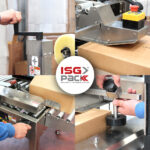 Kolaż zbliżeń: ręka kręcąca korbą, czujnik nad pudełkiem, regulacja pokrętła na półautomatycznej zaklejarce Eco Tape 50 SB SS oraz karton przechodzący przez rolki. Logo ISG Pack jest wyśrodkowane.