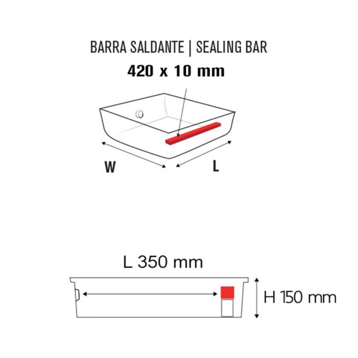 Schemat prostokątnego pojemnika wewnątrz Przemysłowej pakowarki próżniowej Easy Vac 420S FT, z listwą uszczelniającą 420 x 10 mm. Wymiary: Długość 350 mm, Wysokość 150 mm, szerokość nieokreślona.