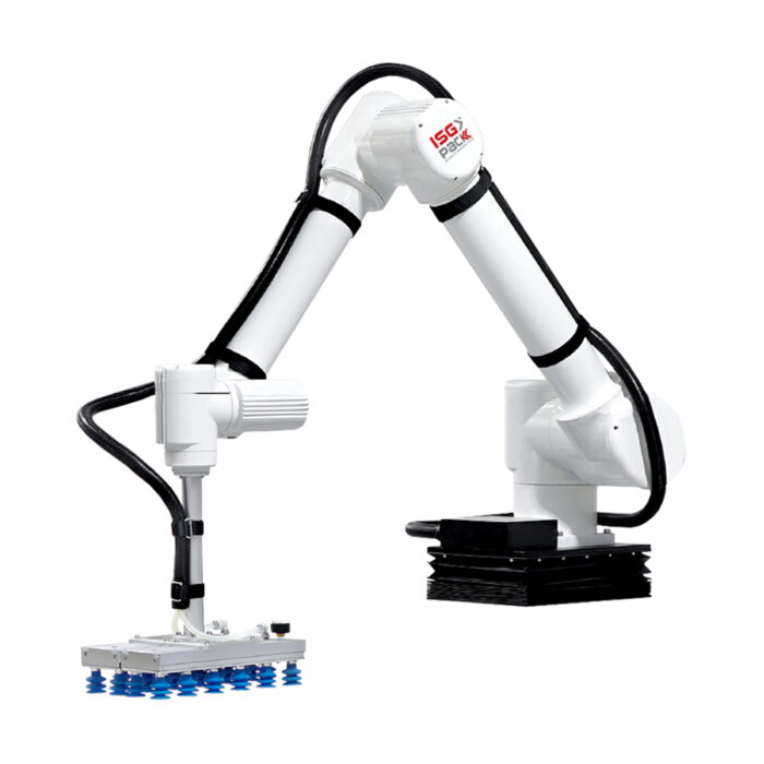 Easy-PAL 635-1650F to biały robot paletyzujący cobot z czarnymi przegubami i kablami, wyposażony w płaski chwytak ssący do zautomatyzowanego przenoszenia materiałów lub zadań pakowania.