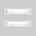 Dwa puste, białe poziome opakowania typu stick z zaklejonymi krawędziami, wykonane przez Pionową maszynę pakującą Mini Vert 240 DP, są pokazane na jasnoszarym tle, wyświetlając zarówno widok z przodu, jak i z tyłu.