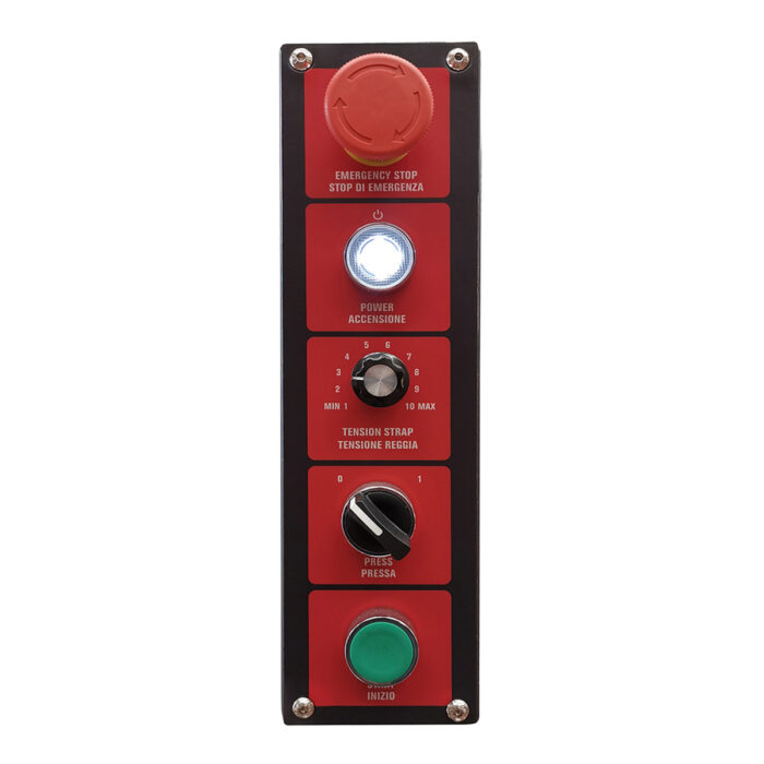 Panel sterowania Bandownica ramowa wiązarka PP Easy Strap 309P/312P posiada duży czerwony wyłącznik awaryjny, podświetlany na biało przycisk zasilania, czarne pokrętło naciągu i widoczny zielony przycisk startu na dole.