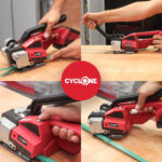 Cztery zdjęcia przedstawiają dłonie korzystające z Wiązarki akumulatorowej Cyclone 13-16 do taśm PP i PET na zielonych plastikowych paskach na drewnie, z logo Cyclone wyśrodkowanym między zdjęciami.