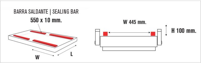 Schemat przedstawiający prostokątną listwę uszczelniającą 445 mm x 100 mm do Komorowej pakowarki próżniowej Ultra Vac 550 SP, oznaczoną jako BARRA SALDANTE | SEALING BAR, 550 x 10 mm, z czerwonymi paskami oznaczającymi strefy uszczelnienia.