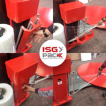 Cztery zdjęcia przedstawiają ręce korzystające z automatycznej owijarki palet Ultra Wrap 2000 BWF z rolkami folii z tworzywa sztucznego, demonstrujące nawlekanie folii i obsługę maszyny; logo ISG Pack jest wyśrodkowane.