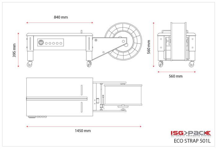 Rysunek techniczny półautomatycznej bandownicy stołowej Eco Strap 501L, przedstawiający widok z przodu, z góry i z boku o wymiarach: 840 mm szerokości, 1450 mm długości, 395/560 mm wysokości i 560 mm głębokości.
