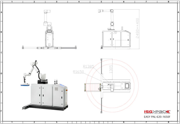 Rysunek techniczny robota kolaboracyjnego Easy-PAL 620-1650F firmy ISG PACK, przedstawiający widok przedni, boczny, górny i izometryczny z wymiarami, ramieniem robota kolaboracyjnego i logo firmy w prawym dolnym rogu.