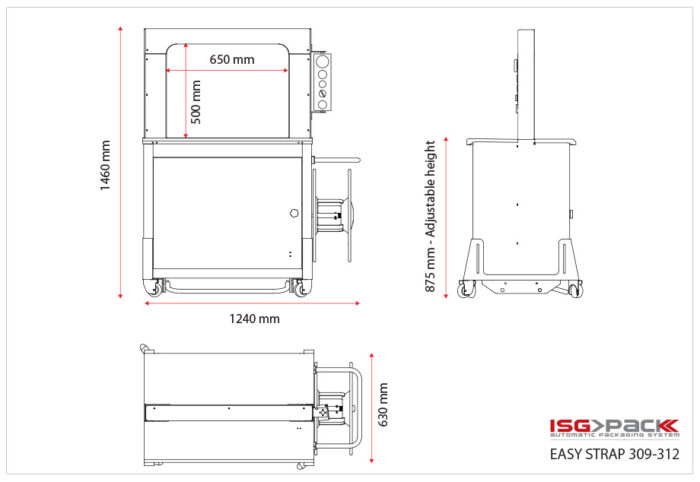 Rysunek techniczny Automatycznej bandownicy do palet Easy Strap 309/312, pokazujący widok z przodu, z boku i z góry, z wymiarami w milimetrach i logo firmy w prawym dolnym rogu.