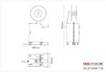 Rysunek techniczny Półautomatyczna bandownica do palet Pallet Strap T150 z logo ISG Pack, pokazujący widok z przodu, z boku i z góry. Wymiary: 1670 mm wysokości, 1030 mm szerokości i 550 mm głębokości.