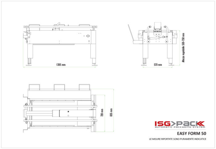 Rysunek techniczny Półautomatycznej formierki Easy Form 50 przedstawia widok z przodu, z boku i z góry z oznaczonymi wymiarami i zakresem regulacji wysokości; logo ISG Pack znajduje się w prawym dolnym rogu.