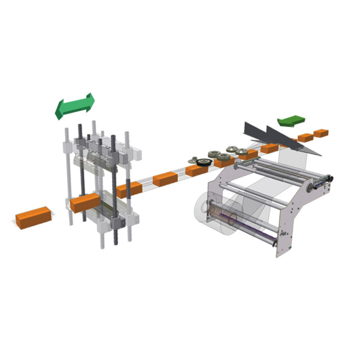 Schemat systemu Automat pakujący poziomy FLOWPACK SBM750S-LR przedstawiający pomarańczowe pudełka przemieszczające się na przenośniku taśmowym przez maszyny z rolkami, prowadnicami i strzałkami wskazującymi kierunek ruchu.