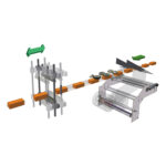 Ilustracja automatu pakującego poziomy FLOWPACK SBM550S-LR, przedstawiająca pomarańczowe pudełka poruszające się na przenośniku taśmowym przez rolki i mechanizmy, ze strzałkami wskazującymi kierunek procesu pakowania.