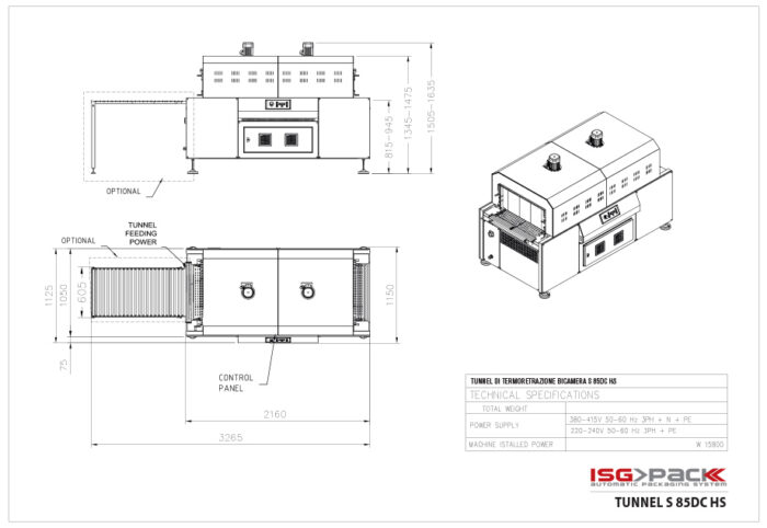 Rysunek techniczny Tunel obkurczający S 105 DC HS przedstawiający widok z przodu i z boku, panel sterowania, wymiary i specyfikacje zasilania.